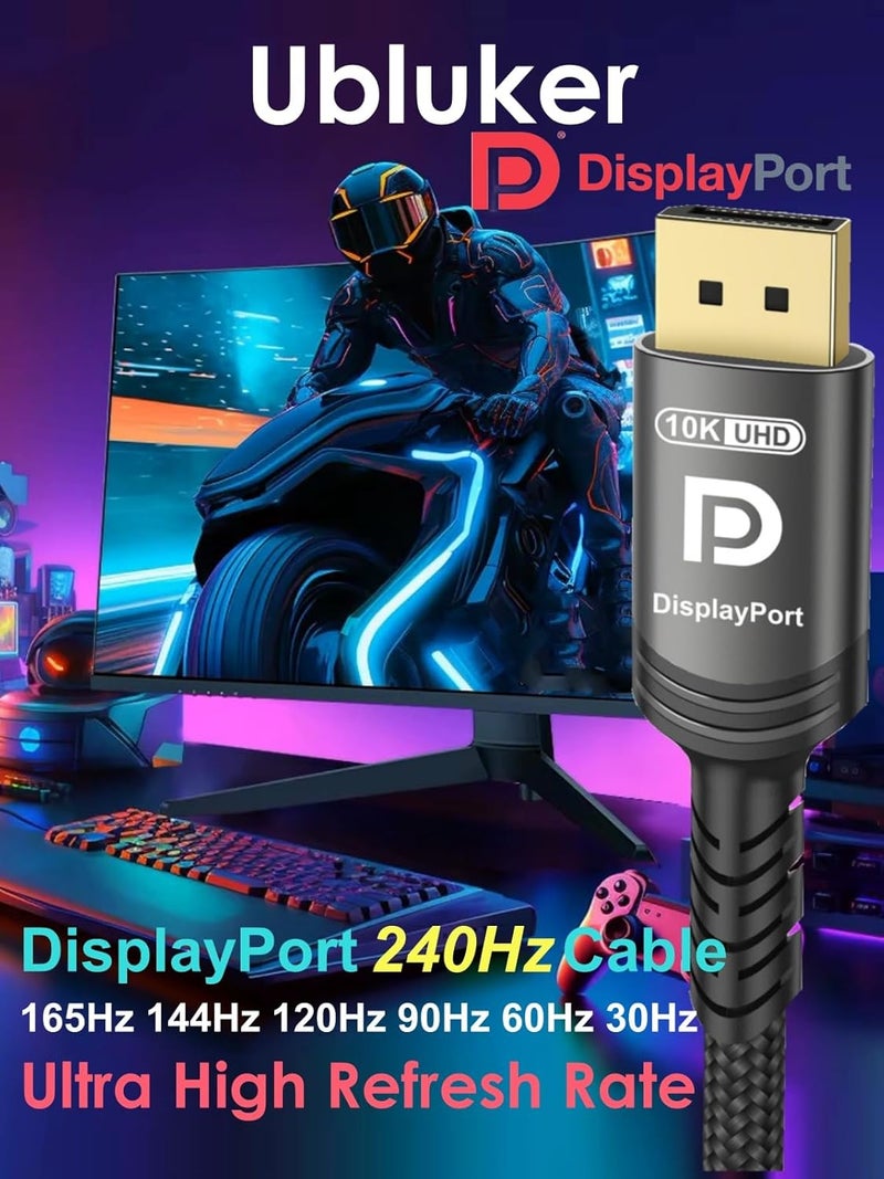 Ubluker كابل DisplayPort 2.1 10K 8K بسرعة 54Gbps بطول 25 قدم، كابل DP معتمد إلى DP 4K 240Hz 165Hz 144Hz 120Hz 10K 8K 120Hz مع حياكة نايلون UHBR HDCP2.3 FreeSync G-Sync RTX5090 لشاشة الألعاب PC بروجيكتور - Image 5